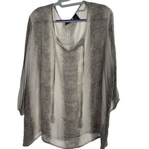 Sara Studio Blouse w/tasseled Tie 3/4 Sleeves Size XL Brown/Tan Print - EUC